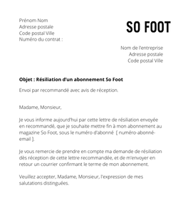 la lettre pour resilier un abonnement so foot