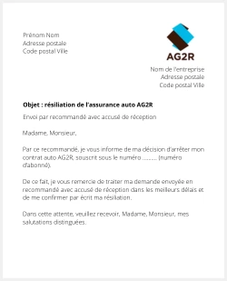 lettre resiliation assurance auto ag2R