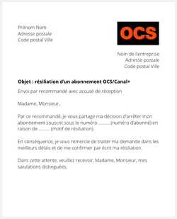 lettre resiliation ocs canal plus
