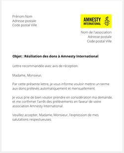 Lettre de résiliation pour Amnesty International