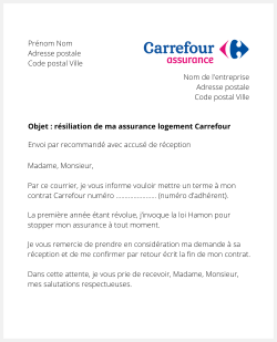 Lettre pour résilier un contrat habitation Carrefour