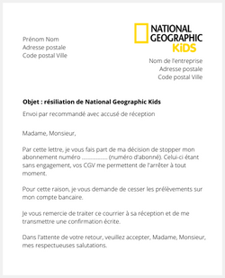 Lettre de résiliation National Geographic Kids