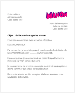 Lettre pour résilier un abonnement à Manon
