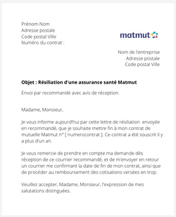 Lettre pour résilier une assurance santé Ociane du groupe Matmut