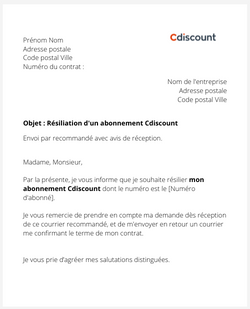 Résiliation d'un abonnement Cdiscount à volonté