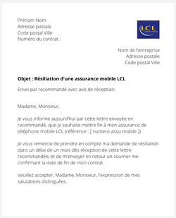 Résiliation d'une assurance mobile LCL