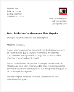 La résiliation d'un abonnement Moto Magazine