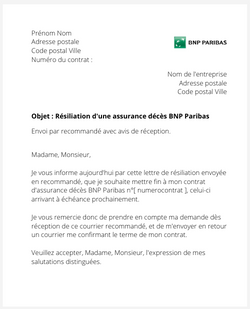 Résiliation d'une assurance décès BNP Paribas