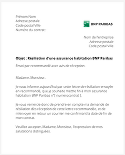 Résiliation d'un contrat logement BNP Paribas