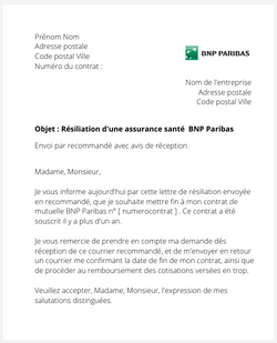 Résiliation d'une assurance santé BNP Paribas