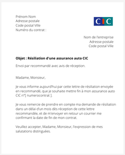 Résiliation d'un contrat auto CIC