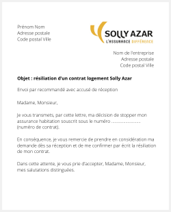Lettre pour résilier une assurance habitation Solly Azar