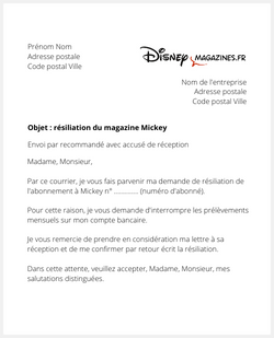 Lettre pour résilier le magazine Mickey