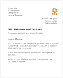 Résiliation de dons à Care France