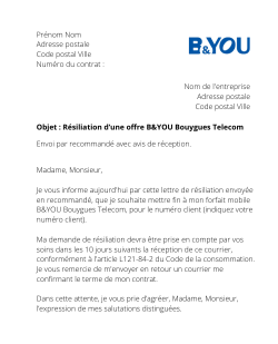 la lettre pour resilier un forfait mobile b&you