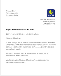 Lettre de résiliation d'une assurance accidents de la vie Macif