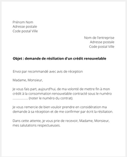 Lettre de résiliation d'un crédit renouvelable