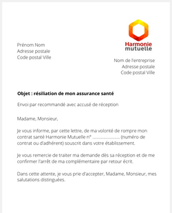 Lettre pour ne pas renouveler un contrat Harmonie Mutuelle