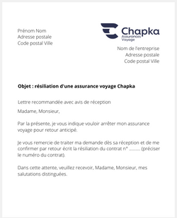 Lettre de résiliation d'une assurance voyage Chapka