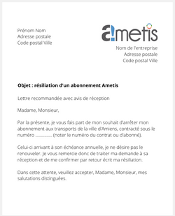 Lettre de résiliation pour Ametis, transports de la ville d'Amiens