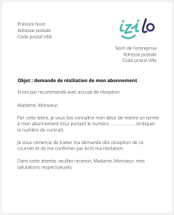 Lettre de résiliation IziLo (Lorient)